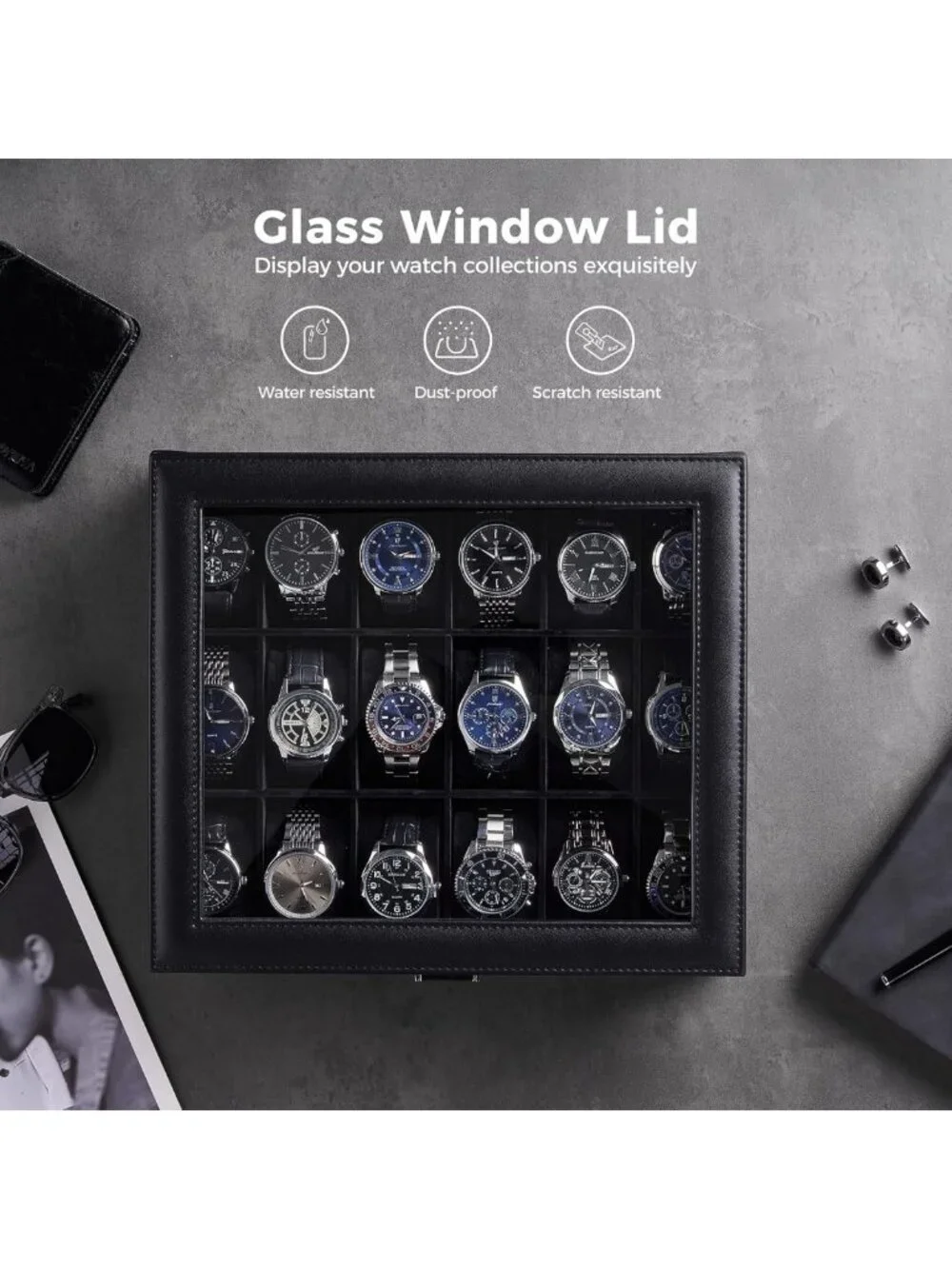 18-Slot Watch Box Organizer with Glass Lid | Stylish Storage for Men & Women